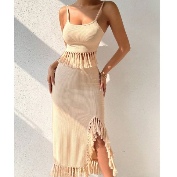 . Tops - Apricot Boho Womens Fringe Hem Cami Top & Split Thigh Skirt
